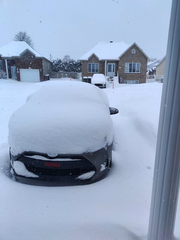 Voiture ensevelie sous une épaisse couche de neige dans une rue résidentielle